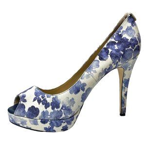 Michael Michael Kors Blue & White Floral Print Platform Peep Toe Pump Heels 8.5